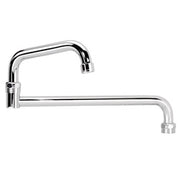 Chrome commercial faucet spout with angled neck and extended horizontal reach arm.
