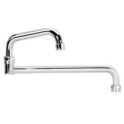 Chrome commercial faucet spout with angled neck and extended horizontal reach arm.