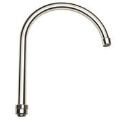 Chrome gooseneck faucet spout with curved neck and threaded connection base.