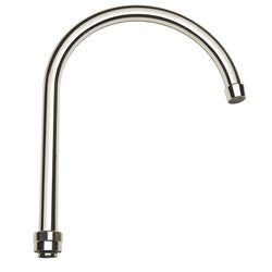 Chrome gooseneck faucet spout with curved neck and threaded connection base.