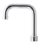 Chrome double bend faucet spout with 4-1/2-inch height and angled outlet.