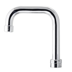 Chrome double bend faucet spout with 4-1/2-inch height and angled outlet.