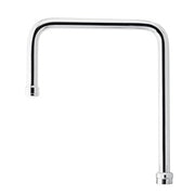 Chrome double bend faucet spout with 8-1/2-inch height and angled outlet.