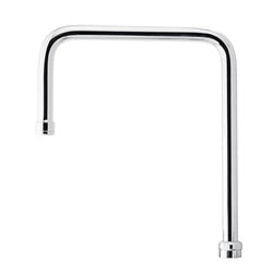 Chrome double bend faucet spout with 8-1/2-inch height and angled outlet.