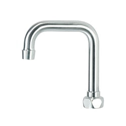 Satin chrome double bend faucet spout with 4-1/2 inch reach and connection base.