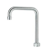 Satin stainless steel gooseneck faucet spout with 6-inch width and angled outlet.