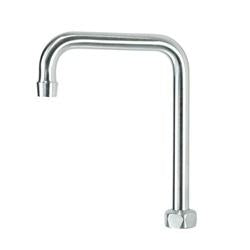 Satin stainless steel gooseneck faucet spout with 6-inch width and angled outlet.