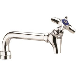 Chrome faucet spout with blue valve handle and threaded outlet connection.