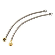 Stainless steel curved water supply lines with brass and threaded fittings at both ends.