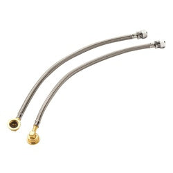 Stainless steel curved water supply lines with brass and threaded fittings at both ends.