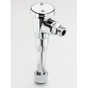 Chrome vacuum breaker with angled valve outlet and circular cap on vertical pipe.