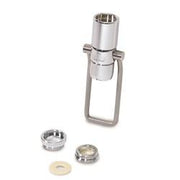 Chrome hands-free spout valve with cylindrical dispenser head, mounting bracket, and three metal component parts displayed be
