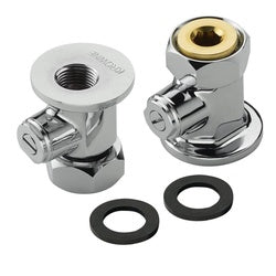 Chrome plumbing inlet valve with brass fitting, rubber washers, and mounting hardware displayed in assembled and component vi