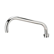 Chrome curved spout with full flow outlet and mounting holes at base.
