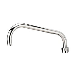 Chrome curved spout with full flow outlet and mounting holes at base.
