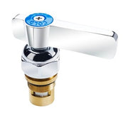 Chrome and brass cold water cartridge valve with blue handle for commercial sink faucet.