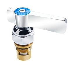 Chrome and brass cold water cartridge valve with blue handle for commercial sink faucet.