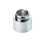 Brass adapter with chrome finish and threaded male connector on white cylindrical base.