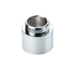 Brass adapter with chrome finish and threaded male connector on white cylindrical base.