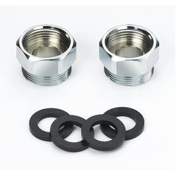 Two chrome quick connect adapters with four black rubber washers.