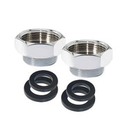 Two chrome quick connect adapters with black rubber seals and threaded bases.