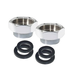 Two chrome quick connect adapters with black rubber seals and threaded bases.