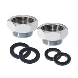 Two chrome quick connect adapters with black rubber washers included.