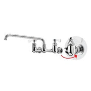 Chrome wall-mounted faucet with dual handles, swing spout, and supply line connections.