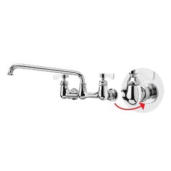 Chrome wall-mounted faucet with dual handles, swing spout, and supply line connections.