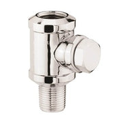 Chrome plumbing tee assembly with threaded male inlet and angled outlet valve.