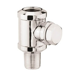 Chrome plumbing tee assembly with threaded male inlet and angled outlet valve.