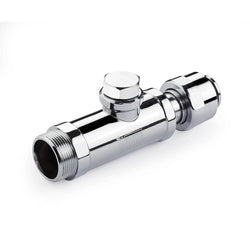 Chrome swivel tee assembly with valve control and threaded connections on white background.