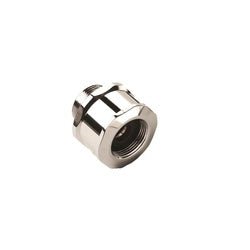 Chrome swivel hose connector with threaded ports and black grip bands.
