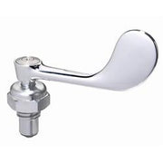 Silver faucet valve assembly with curved handle and threaded connector base.