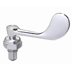 Silver faucet valve assembly with curved handle and threaded connector base.