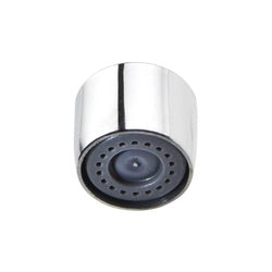 Chrome cylindrical faucet aerator with black perforated spray face and threaded base.