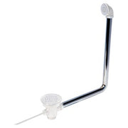 Chrome overflow elbow pipe with dual strainer heads and black tubing.