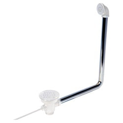 Chrome overflow elbow pipe with dual strainer heads and black tubing.