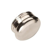Polished chrome circular overflow cap with grooved band detail and threaded base.