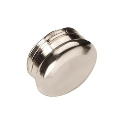 Polished chrome circular overflow cap with grooved band detail and threaded base.