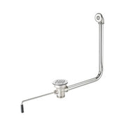 Chrome metal drain assembly with curved pipe, overflow head, elbow connector, and twist waste component.