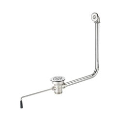 Chrome metal drain assembly with curved pipe, overflow head, elbow connector, and twist waste component.