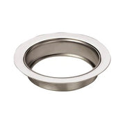 Stainless steel circular flange with threaded interior ring and polished chrome finish.