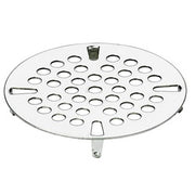 Stainless steel circular strainer with perforated holes and mounting brackets for 3-inch waste drain.
