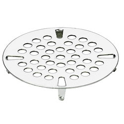 Stainless steel circular strainer with perforated holes and mounting brackets for 3-inch waste drain.