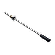 Chrome lever handle assembly with black grip end and metal connector piece.