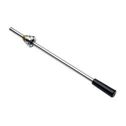 Chrome lever handle assembly with black grip end and metal connector piece.