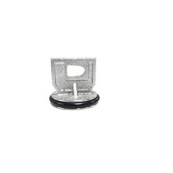 Metal stopper with black rubber o-ring and base for waste drain assembly.