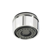 Chrome multi-laminar spray outlet with perforated black aerator screen and threaded base.