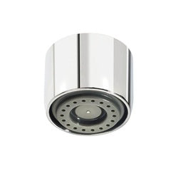 Chrome cylindrical spray outlet with multi-laminar perforated face and female thread connection.